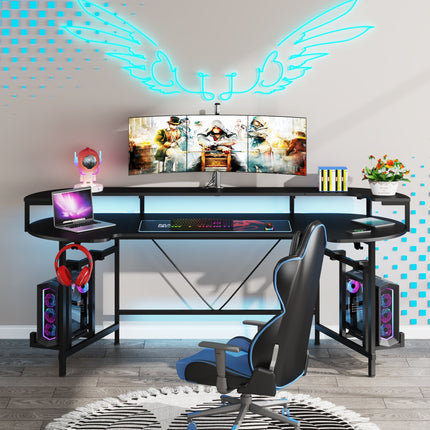Tribesigns - Gaming Desk 75-Inch , Computer Desk with LED Strip & Monitor Shelf