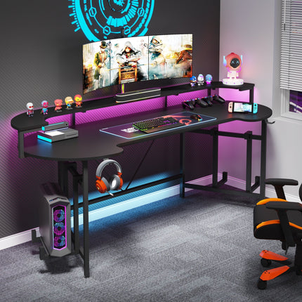 Gaming Desk 75" , Computer Desk with LED Strip & Monitor Shelf
