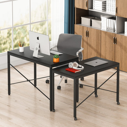 Two Person Desk, 2 Person Desk, 2 Person Computer Desk, Double Computer Desk with Wheels Lockable, Black, Tribesigns, 3